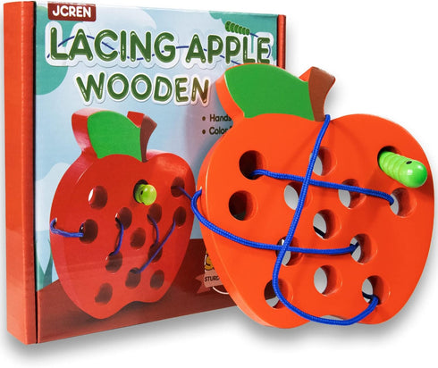 JCREN Wooden Lacing Apple Threading Toys - Wood Lace Block Puzzle Shape Travel Game for 3-5 Years Old Kids
