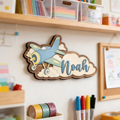 Personalized Airplane Name Sign, Custom Wooden Baby Name Wall Decor, Nursery Wall Art for Boys, Kids Room Airplane
