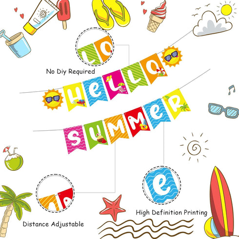 Hello Summer Banner, No DIY Summer Party Decorations, Tropical Party Supplies for Birthday Beach Pool Decorations