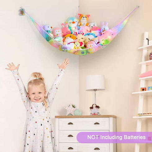 Unicorn Castle Stuffed Animal Net Hammock - Kids Toy Storage with LED Light for Nursery Room Decor