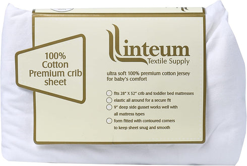 100% 28x52 9" Linteum Cotton Jersey Knit Fitted Crib Sheet Fits Standard Mattress Up to Deep (White)