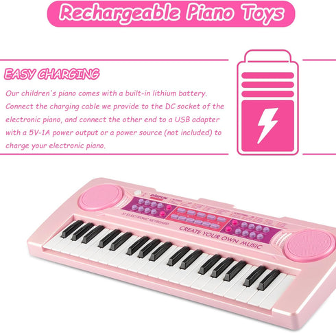 37 Keys Kids Piano Keyboard Toys with Microphone, Learning Educational Toddler Keyboard for Ages 3-8 (Pink)