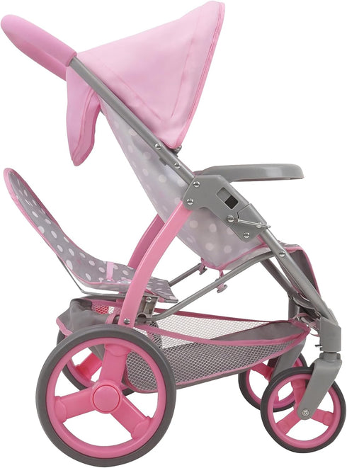 509 18", 2 3+ Crew: Cotton Candy Pink: Twin Tandem Doll Stroller - Pink, Grey, Polka Dot - Dolls Up to Holds Dolls