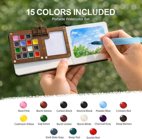 Drmukie Set 15-Color Set Mini Watercolor Paint All-in-One Walnut Wood Travel Watercolor Kit with Crossbody Bag Paint