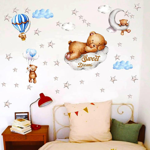Tedy Bear Moon & Stars Wall Decor, Sleeping Bear Wall Stickers for Baby & Nursery Room Decor