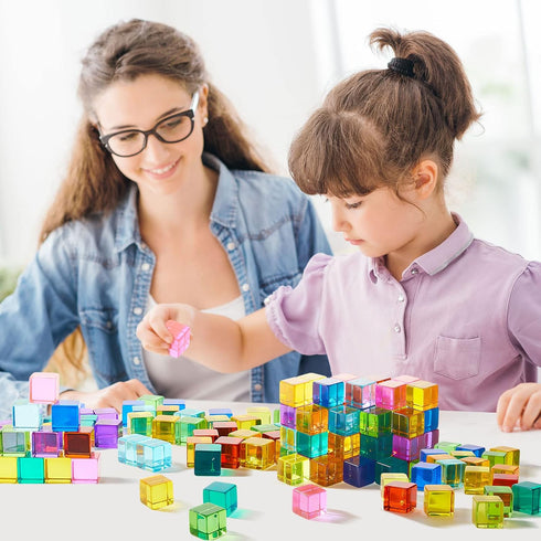 Meooeck 60 Pcs Acrylic Gem Cubes, Translucent Rainbow Building Blocks, Educational Sensory Training Toys with Storage