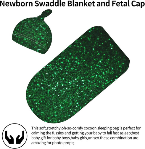 DDTKLSNV Set,Green Newborn Swaddle Blanket with Beanie Hat Sequin Sparkle Newborn Receiving Blankets Baby Swaddle Wrap