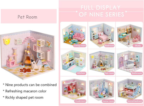Kisoy Dollhouse Miniature with Furniture Kit, DIY 3D Wooden House Kit with Dust Cover & LED (Pet Room)