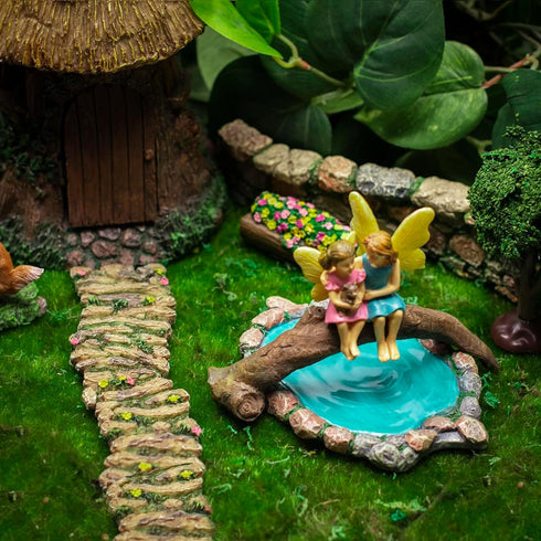Treasure Gurus Miniature Stone Pond Log Branch Bridge, Outdoor Fairy Garden Mini Dollhouse Landscape Decor