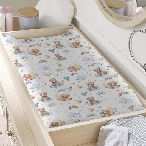 Cute Bear Changing Pad Cover, Cartoon Bear Rainbow Moon Stars Clouds for Boys Girls, Soft Stretchy Fitted Mats 32''x16''