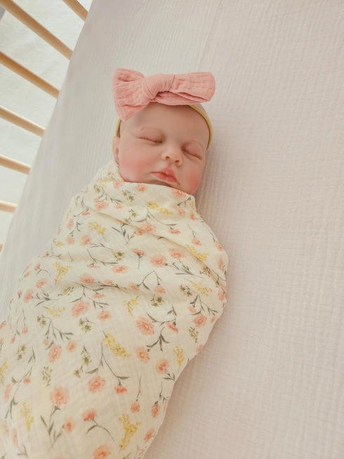 Little Jump Baby Muslin Swaddle Blankets for Girls, Newborn Swaddle Set with Matching Headband Bow, 47 x 47 inches