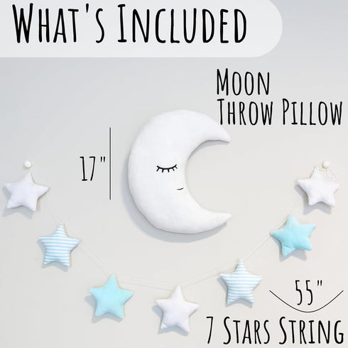 Perfectto Design Kids Moon Decorative Pillow, Stars Garland for Girls Toddler Room - Fluffy Moon, Stars Wall Decor