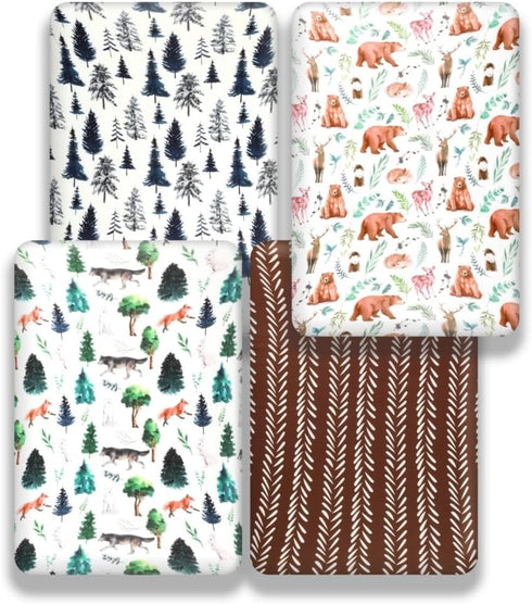 Jola's House 4 Pack Pack Set N Play Sheets Woodland Forest Animals Wood Neutral Unisex Fitted Baby N Play Sheets Fitted