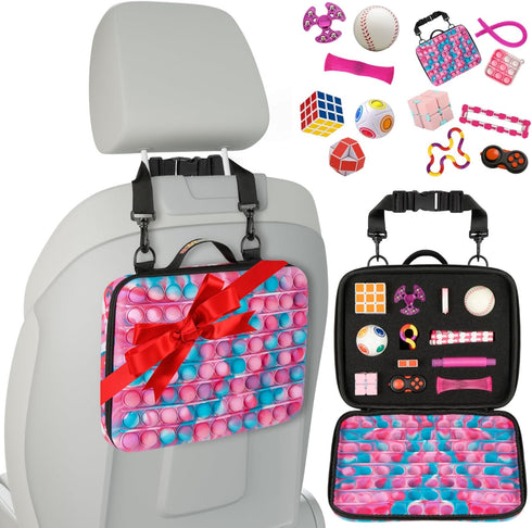 Travel Fidget Case Set - 12 Fidget Toys, Road Trip Activities for Kids, Sensory Toys for Long Trips (Pink)
