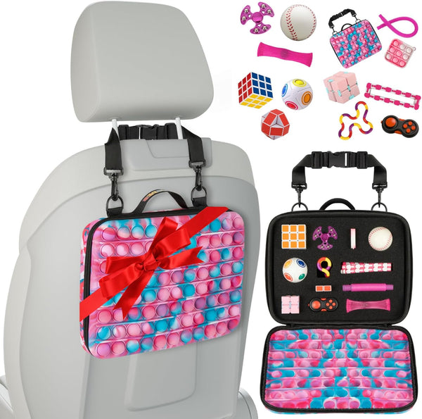 Travel Fidget Case Set - 12 Fidget Toys, Road Trip Activities for Kids, Sensory Toys for Long Trips (Pink)