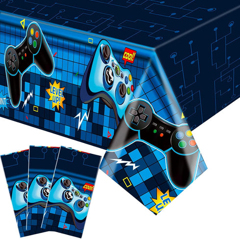 Video Game Rectangular Tablecloth, 3 Pcs Blue PE Plastic Disposable for Boys Gamer Birthday Party