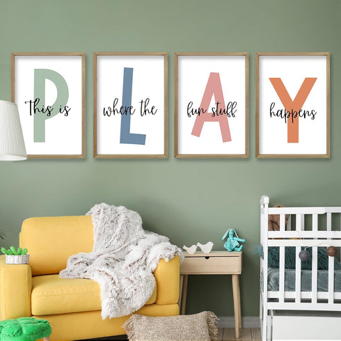 TQianJiang 11x16 Inch Set 4 This Is Where The Fun Stuff Happens Kids Playroom Wall Art Of Rustic Kids Wood Framed Boy