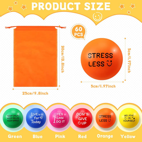 60 Pieces Motivational Stress Balls 1.97 Inch Inspirational Colorful Foam Balls for Kids Adults Anxiety Relief