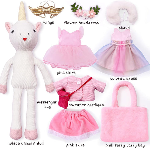 Unicorn Doll Stuffed Animal Toys for Girls, Ballerina Doll with Plush Carrier Bag, 3 Set Accessories