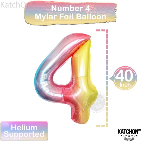 KatchOn Giant Rainbow 4 Balloon - 40 Inch Number 4 Balloon for Unicorn Birthday Decorations