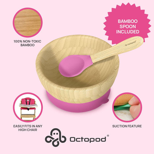 Set 4 5.7" 3" 5.7" Abiie Octopod Bamboo Baby Bowl for Months and Up Mess-Free High Chair Suction Bowl with Spoon