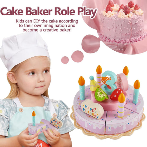Sets, Playset 3 4 5 HERSITY Wooden Birthday Cake Toy Play Food Pretend Baking Kitchen for Toddlers, Afternoon Tea Party