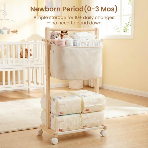 Woodtoe Baby Diaper Caddy Cart with Movable Storage Organizer, Natural Newborn Nursery Essentials, Mobile Utility Cart