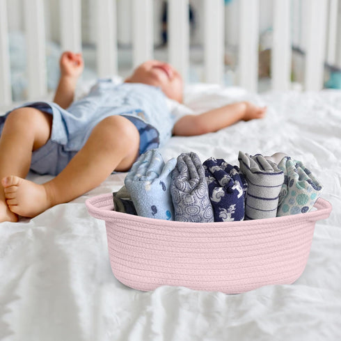 Small Woven Gift Basket, Light Pink Cotton Rope Cat Dog Toy Bin Box, Nursery Baby Basket, Wicker Basket with Handles,