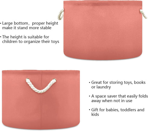 Round Canvas Toy Storage Bin for Kids - Salmon Color Organizer Basket