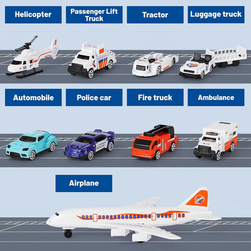 3 4 5 6 deAO Airplane Toys for Kids with Trucks, Helicopter,Planes, Signs,Fire Trucks Race Cars and Airport
