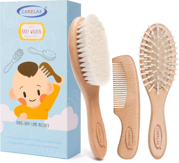 Baby Hair Brush & Comb Set, Organic Wooden Hairbrush Natural Goat Bristles