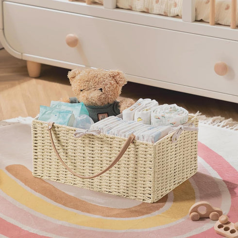 HBlife Large Baby Diaper Caddy Organizer, Paper Rope Storage Baskets Nursery Bin with Removable Divider, Portable Car
