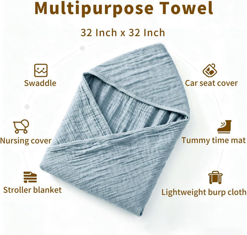 Bear Rocket 2 Pack 100% 32x32Inch Organic Muslin Hooded Baby Bath Towels - Organic Cotton Towel for Babies, Infants
