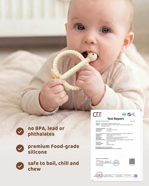 3-12 ChooKaChoo Baby Teether Toy and Training Toothbrush, Duck Silicone Teething Toys for Babies Months, Double Ring
