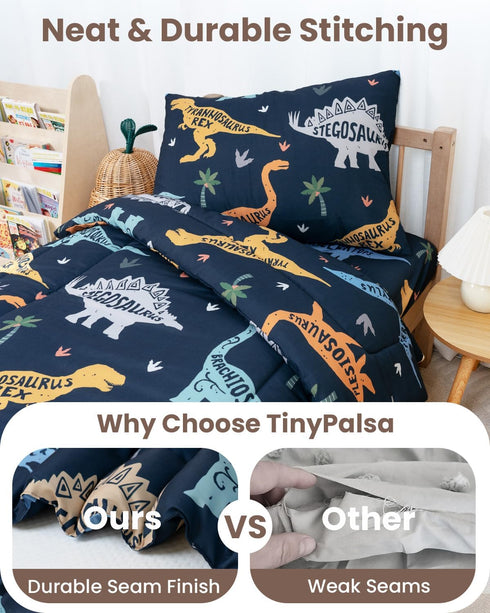 Set, 4-Piece Set TinyPalsa Toddler Bedding Green Dionosaur Comforter for Girls and Boys, Breathable Crib Bedding