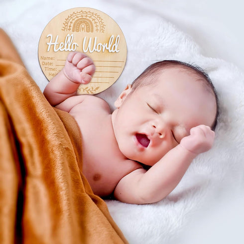 NQEUEPN 5.91x5.91in New Baby Announcement Sign, Hello World Plaque Sign Wooden Baby Name Information Sign Birth