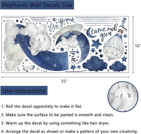 Yovkky Watercolor Blue Grey Sleeping Elephant Wall Decals, We Made a Wish Moon Star Cloud Stickers Hot Air Balloon