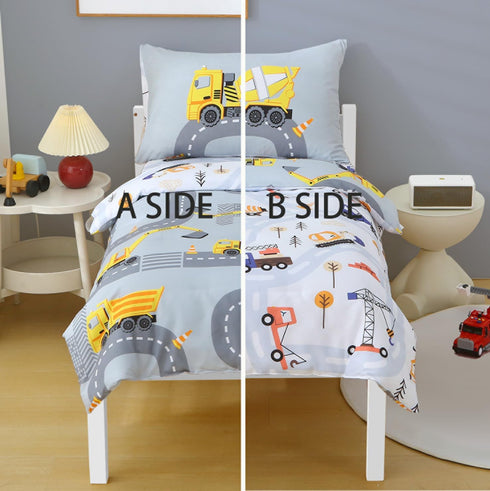 Set 4 Set Grey Construction Cars Toddler Bedding for Boys, Piece Reversible Lightweight Truck Highway Toddler Comforter