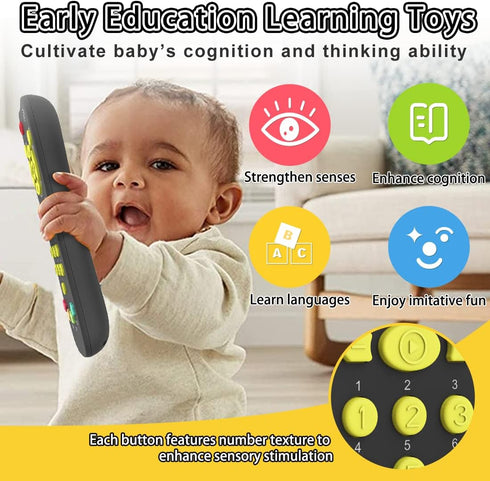 Baby TV Remote Toy - Realistic Play Remote Control for Toddlers with Light and Sound, English, French, Spanish.