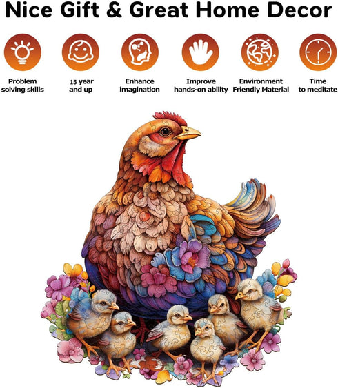 Hen and Chicks Wooden Puzzle for Adults, Unique Animal Shape Wood Cut Puzzles for Family Puzzle Lovers
