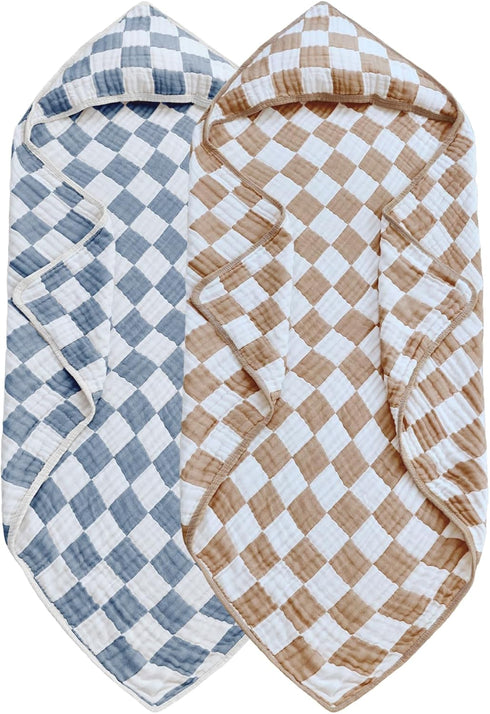 Brnabiou Ultra Soft Checkered Muslin Hooded Baby Towels for Newborn Boys and Girls