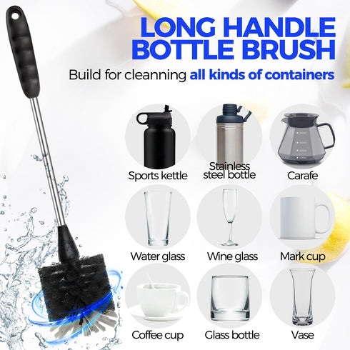 Holikme Bottle Brush Cleaner Set, 14" Long Handle Stainless Steel Bottle Cleaner Brush, 3 Straw Cleaner Brush, Bottle Cleaning Brush for Water Bottle, Cups, Baby Bottle, Straws Black by Holikme