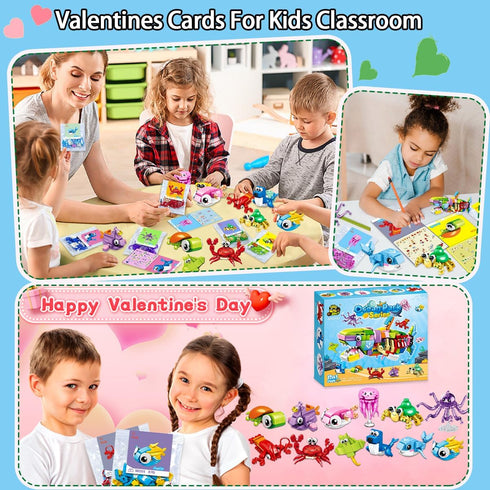 BAOXUE 24 Packs Set, Valentines Day Cards for Kids School, Animal Building Block Valentines Day Gifts for Kids