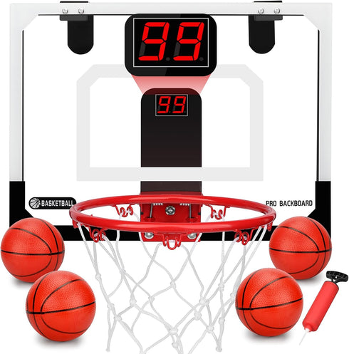 Mini Indoor Basketball Hoop for Kids 5-10 Years Old, Over The Door Automatic Scoring Hoop with Electronic Scoreboard &