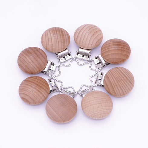 10Pcs 30mm (1.18") Natural Wood Pacifier Holder Round Beech Metal Teether Wooden Teething Beads Suspender Clips DIY Pacifier Accessories
