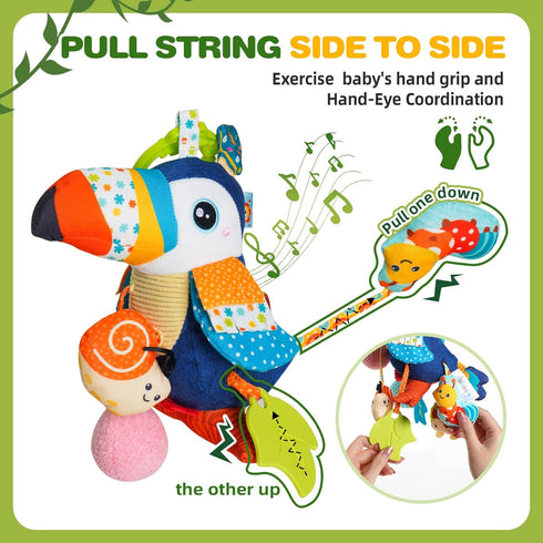 Jollybaby Musical Activity Pull String Hanging Toy for Baby Stroller Car Seat Crib Play Gym, Plush Stuffed Toucan Toy