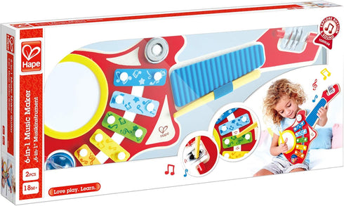 Hape 6-in-1 Music Maker - Colorful Guitar Shaped Musical Toy with 6 Instruments for Ages 18 Months+