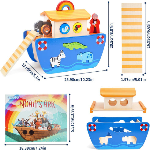 Playset, 1 2 3 12 18 24 KMTJT Toddlers Wooden Noah's Ark Toy Animal Baptism Gifts for Boys Girls, Shape Sorter Early