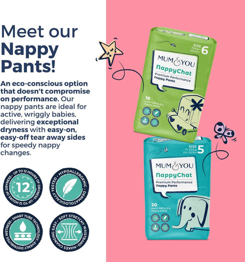 2 (44 100% M&Y Nappychat Premium Performance Eco Diapers, Size Diapers) Smart Tube Technology. Leak Protection.