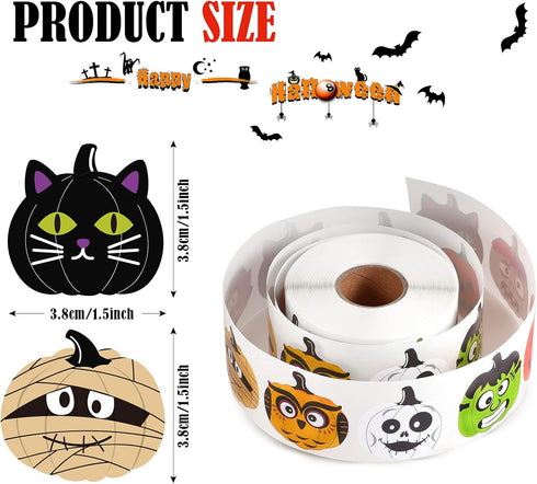 Censen 600 Pieces Halloween Stickers - 1.5 Inch Pumpkin Character Roll Stickers, 8 Designs for Kids Party Decoration
